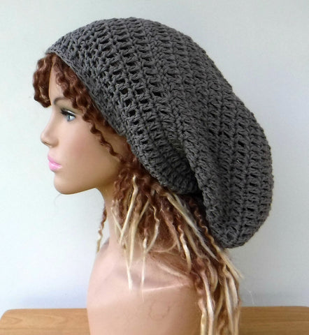 Stormy Grey Cotton Slouchy Beanie Loner Dreadlocks Dread Tam Hat men or women
